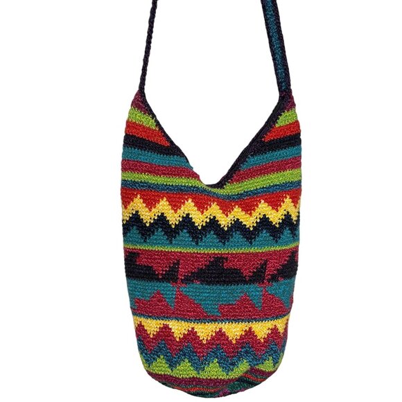 Crochet Shoulder Bag Zigzag Fish Patterned Colorful Long Strap Boho Hippie - Picture 1 of 16
